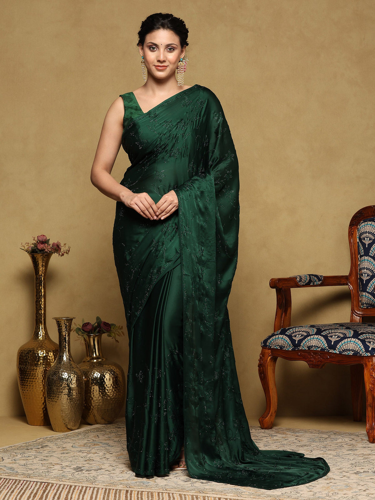 Bottle Green Printed Satin Saree