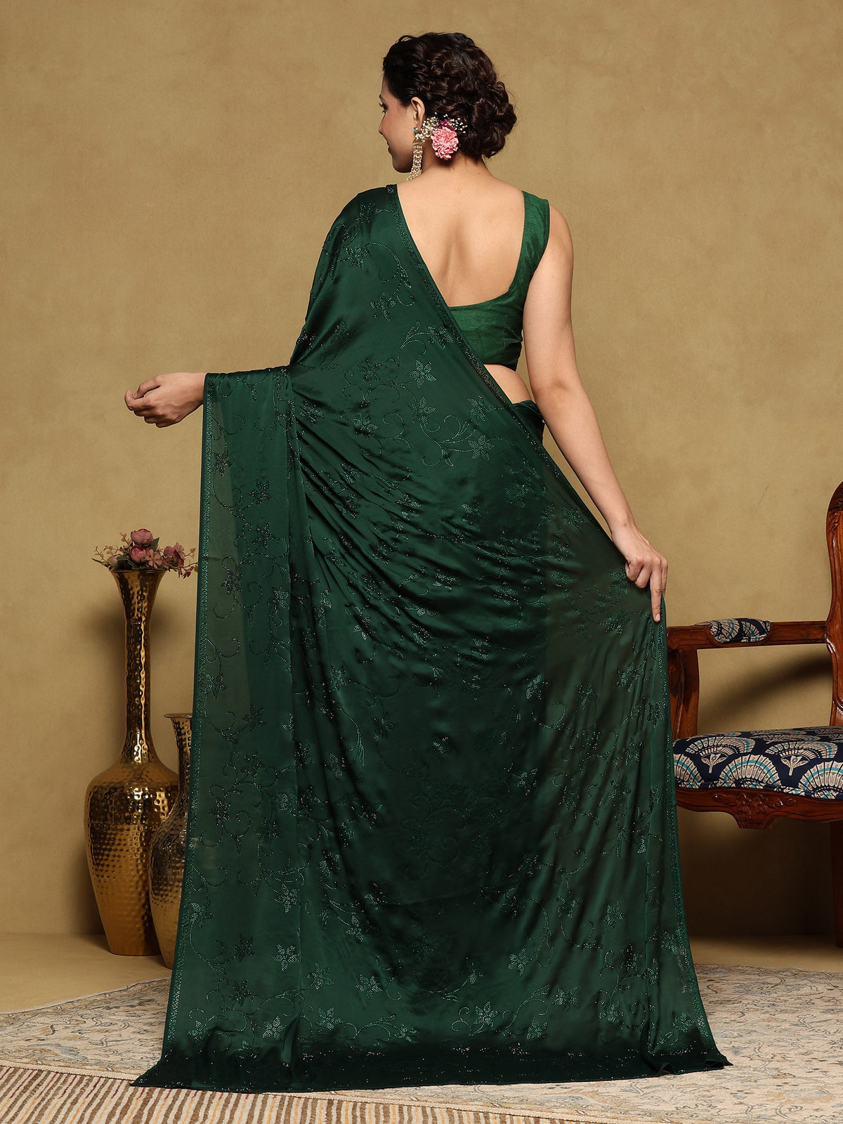 Bottle Green Printed Satin Saree