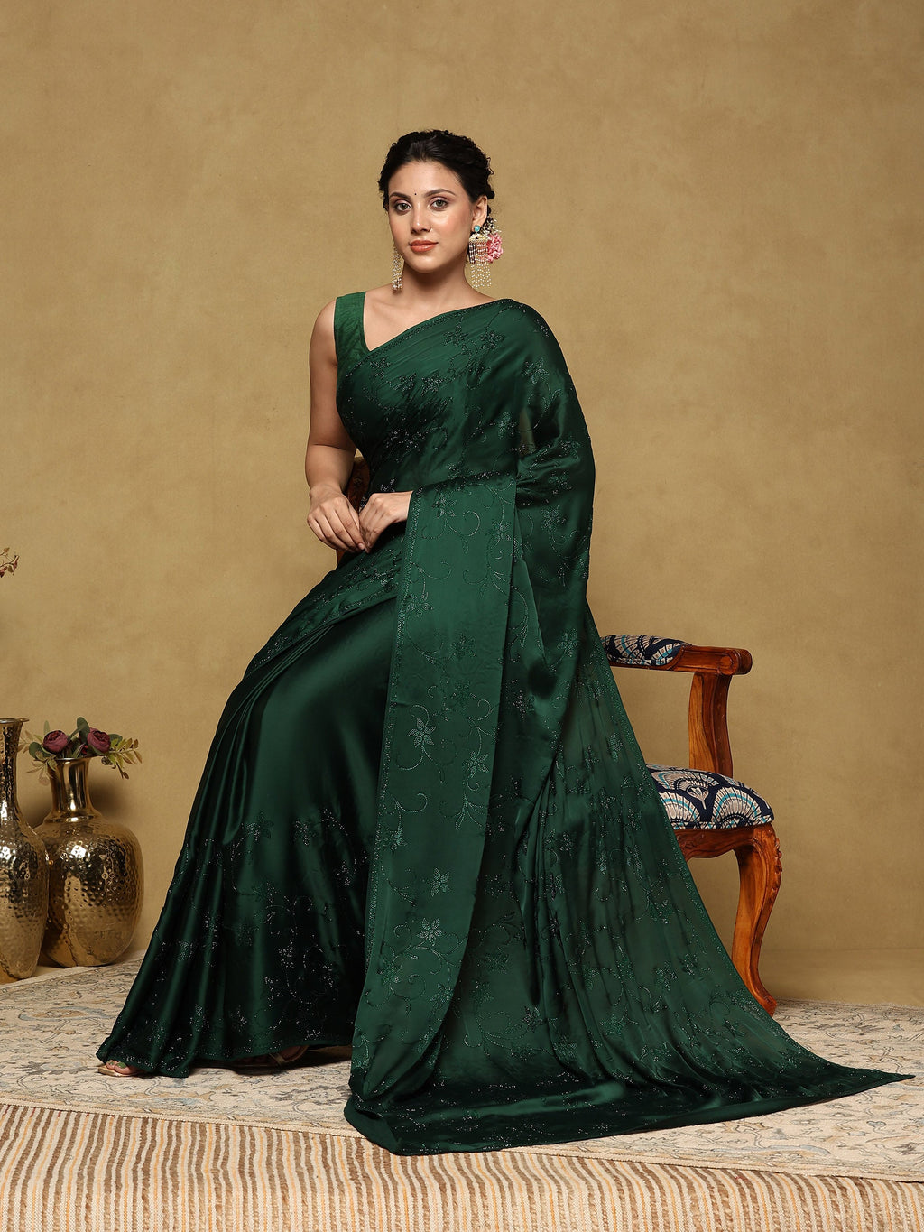 Bottle Green Printed Satin Saree