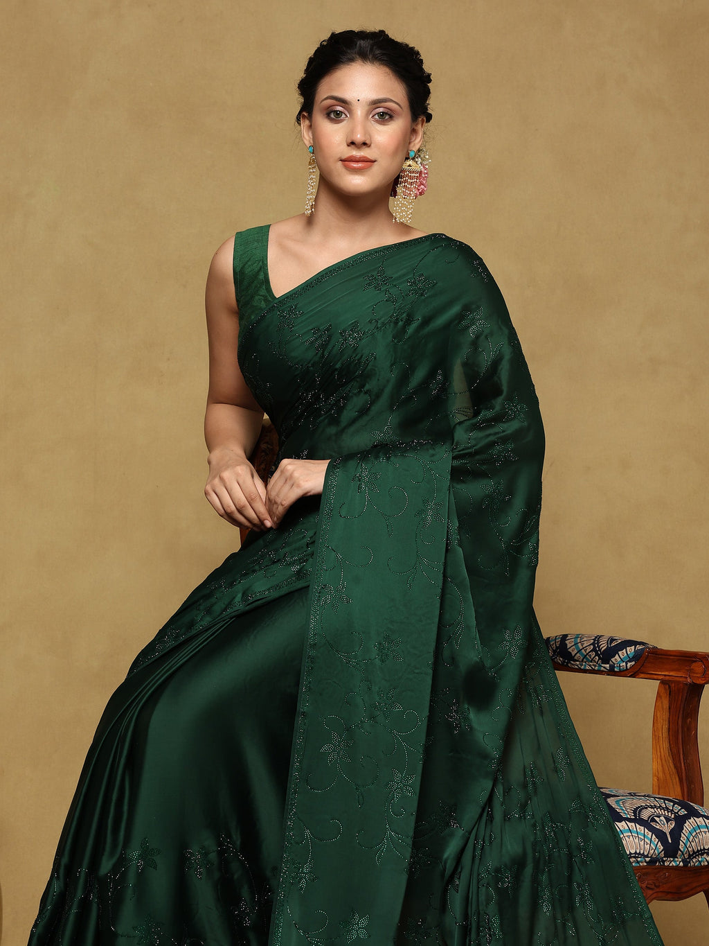 Bottle Green Printed Satin Saree