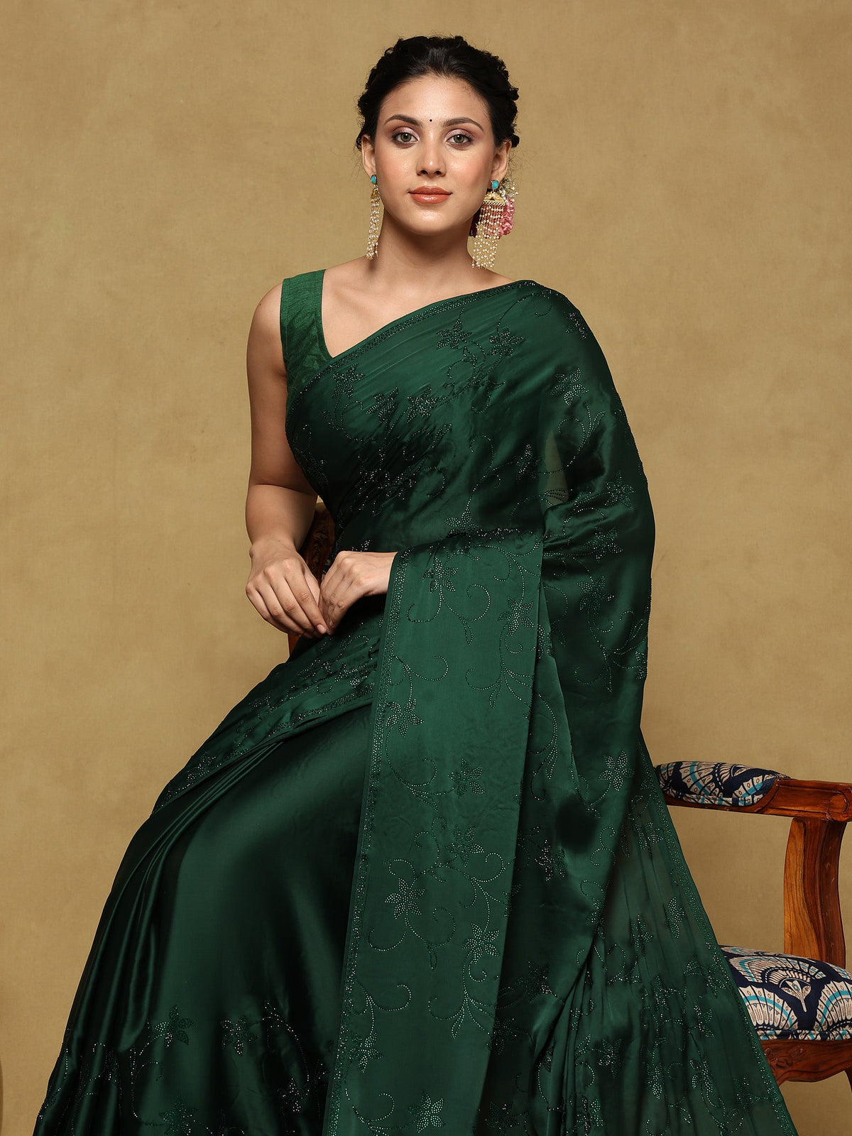Bottle Green Printed Satin Saree