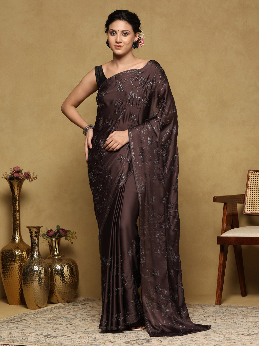 Brown Grey Printed Satin Saree