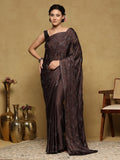 Brown Grey Printed Satin Saree