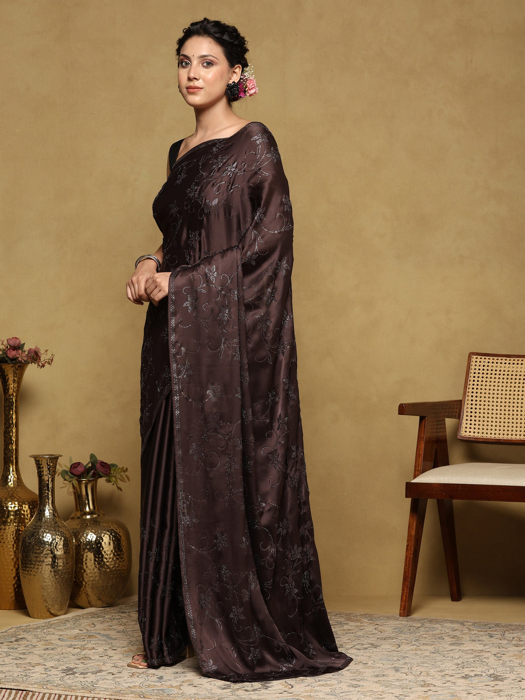 Brown Grey Printed Satin Saree