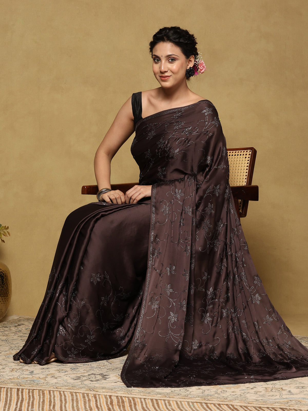 Brown Grey Printed Satin Saree