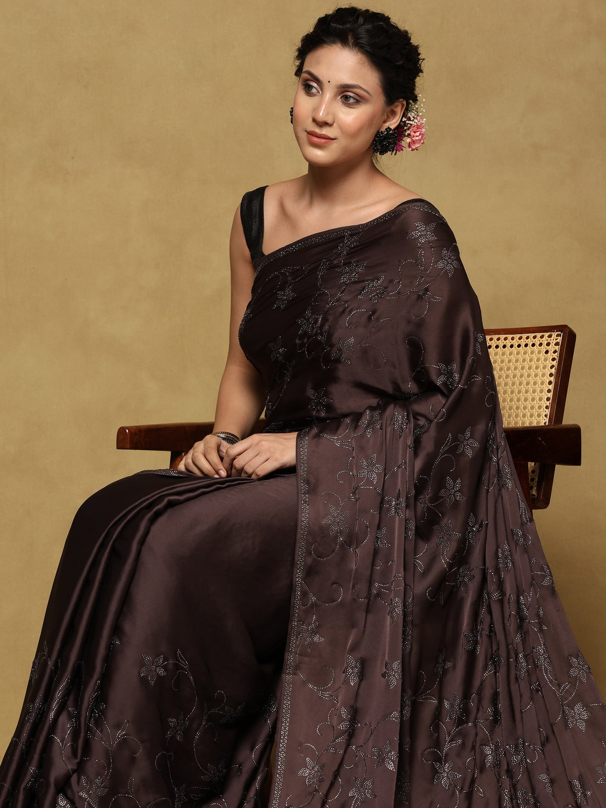 Brown Grey Printed Satin Saree