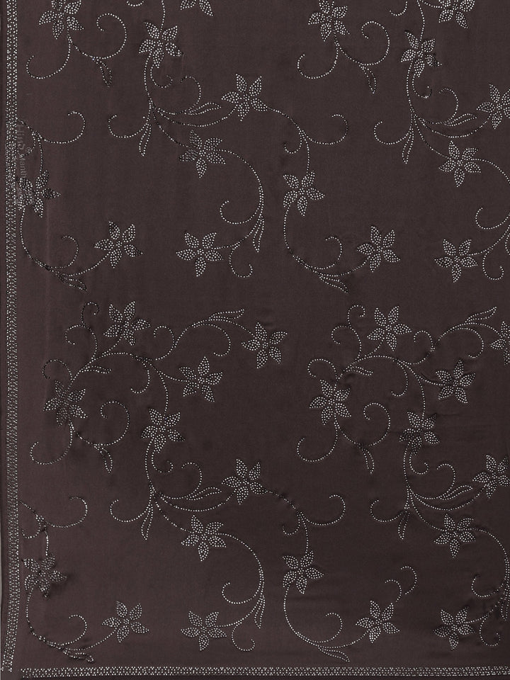 Brown Grey Printed Satin Saree