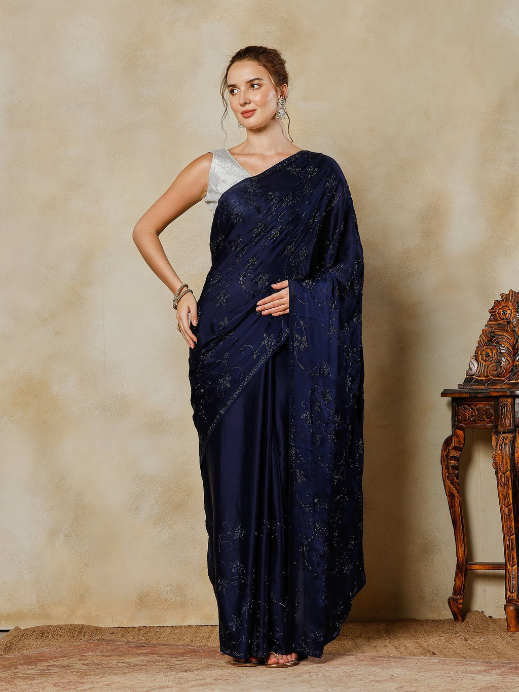 Navy Blue Printed Satin Saree