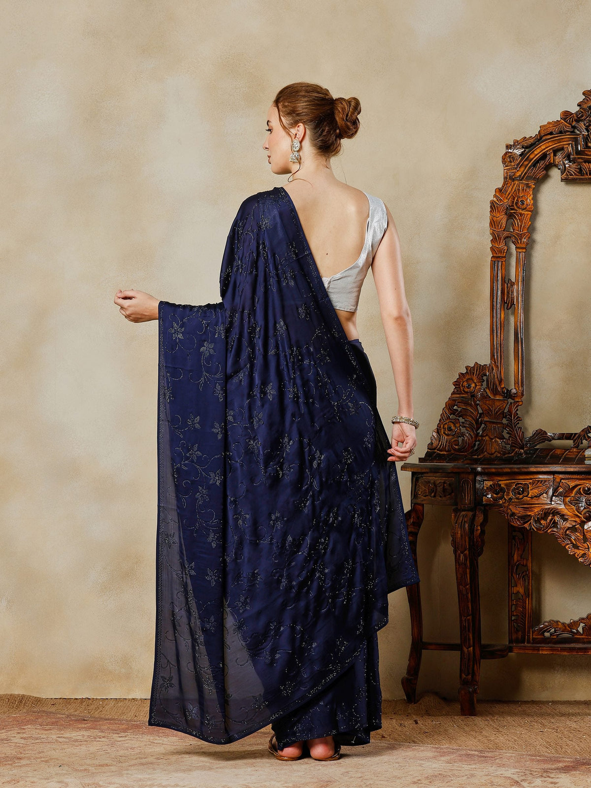 Navy Blue Printed Satin Saree