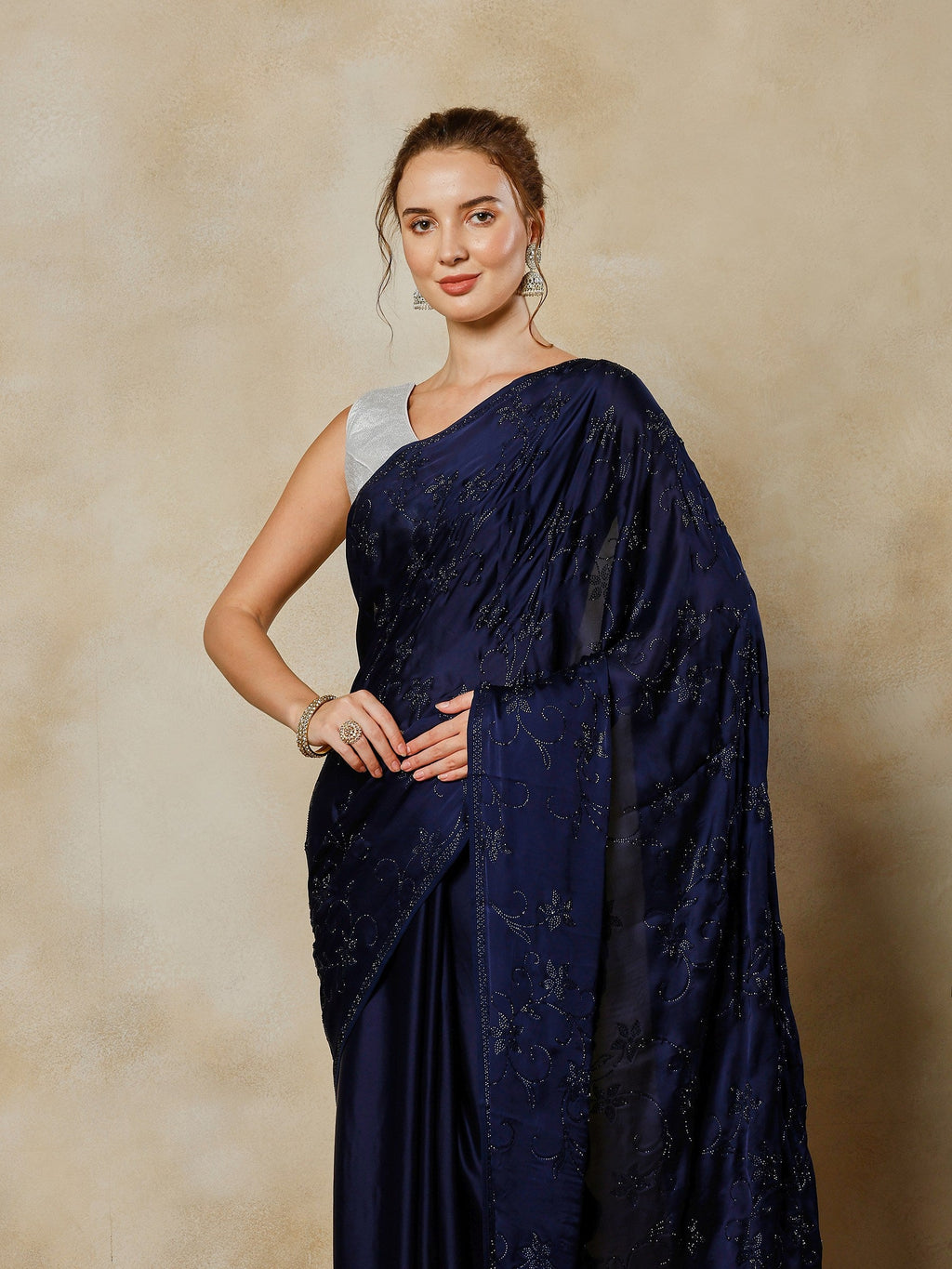 Navy Blue Printed Satin Saree