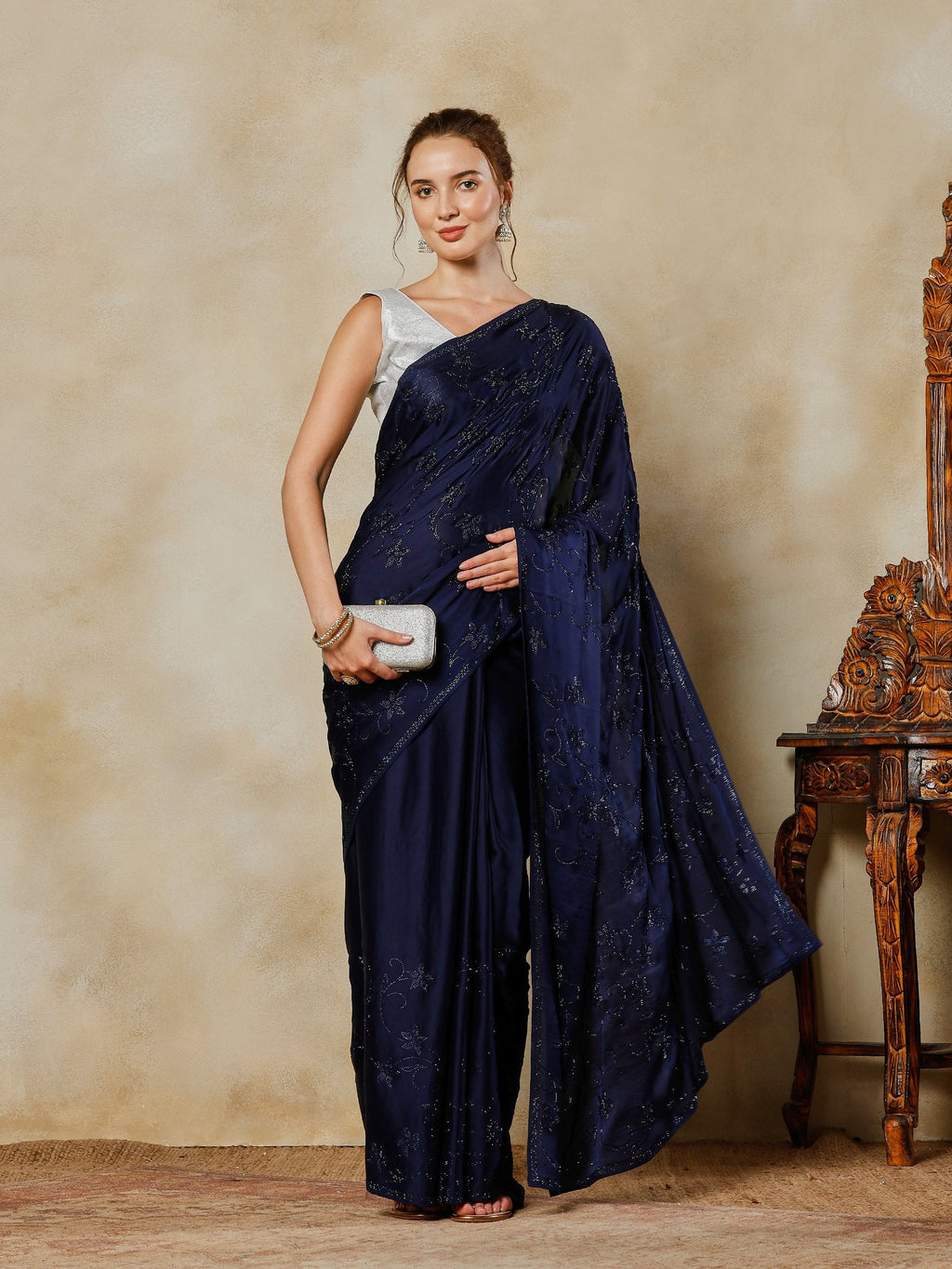 Navy Blue Printed Satin Saree