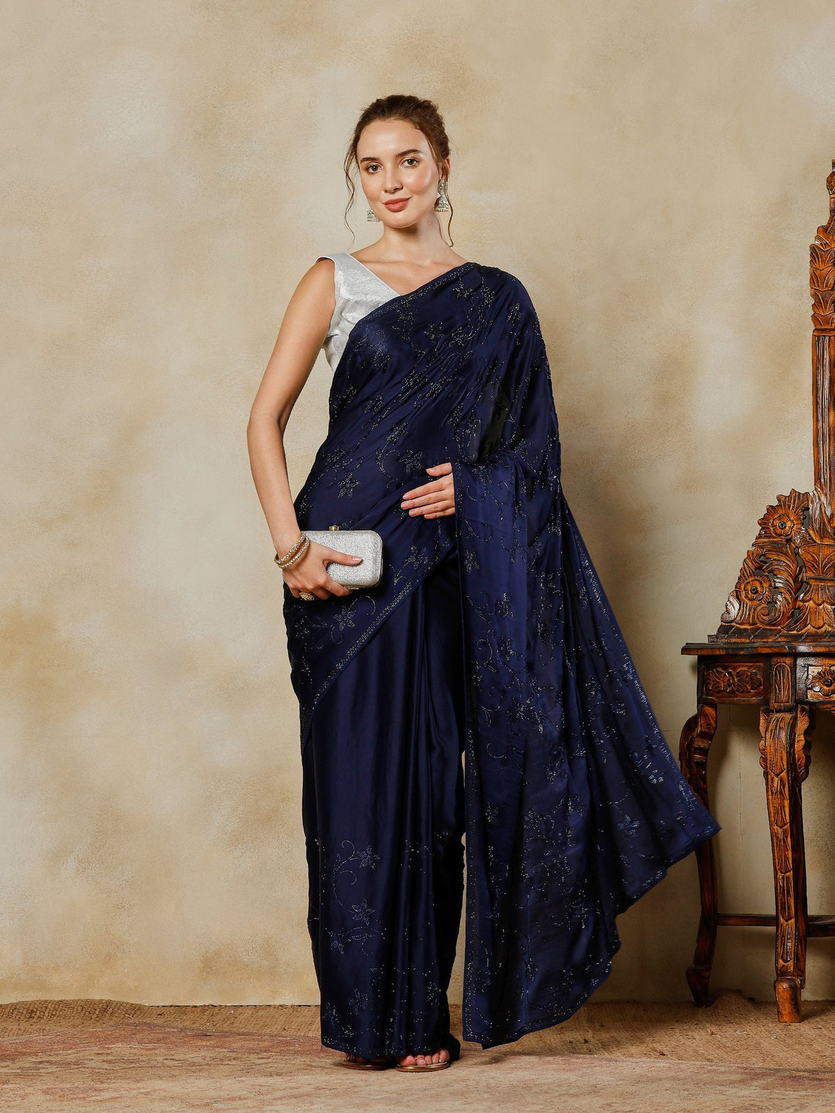 Navy Blue Printed Satin Saree