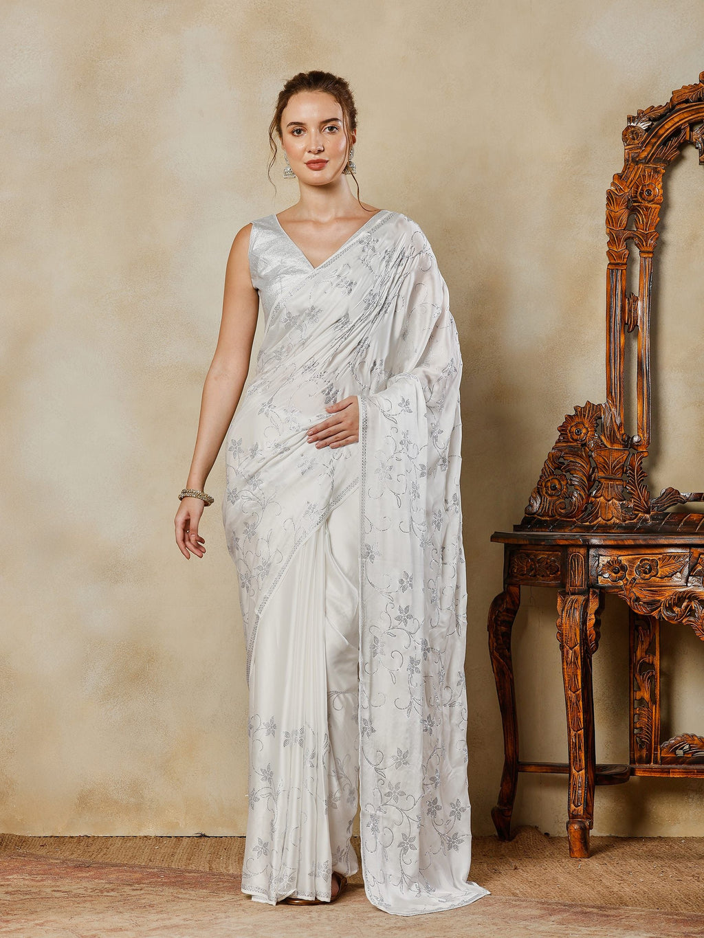 Off White Printed Satin Saree
