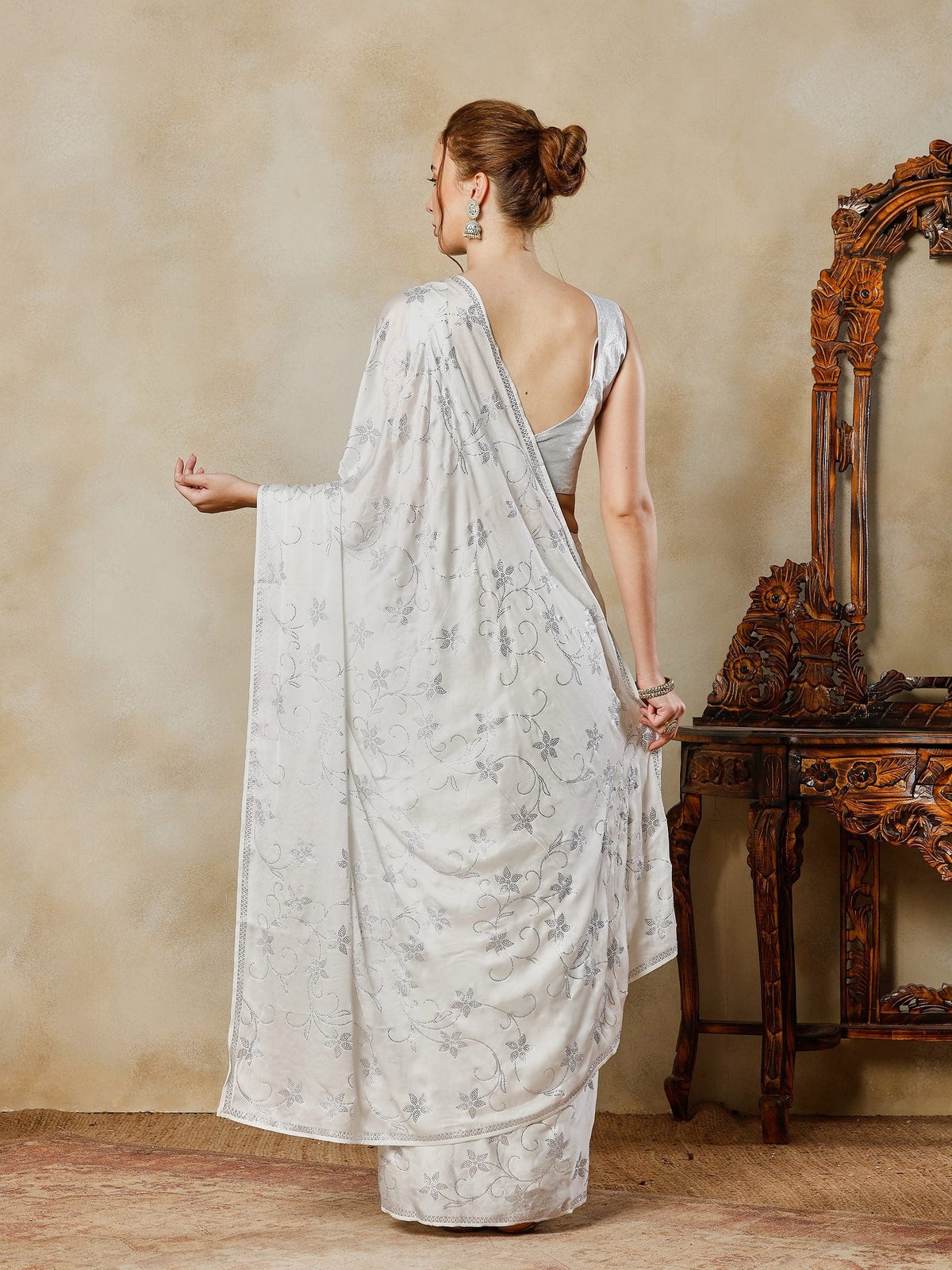 Off White Printed Satin Saree