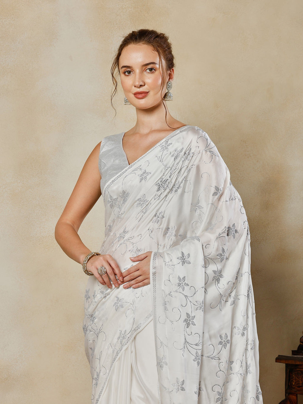 Off White Printed Satin Saree