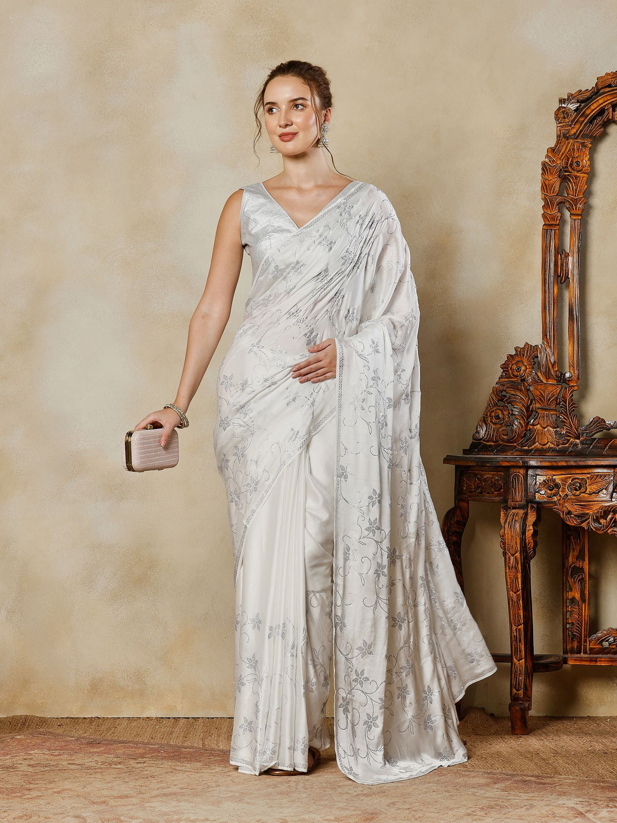 Off White Printed Satin Saree