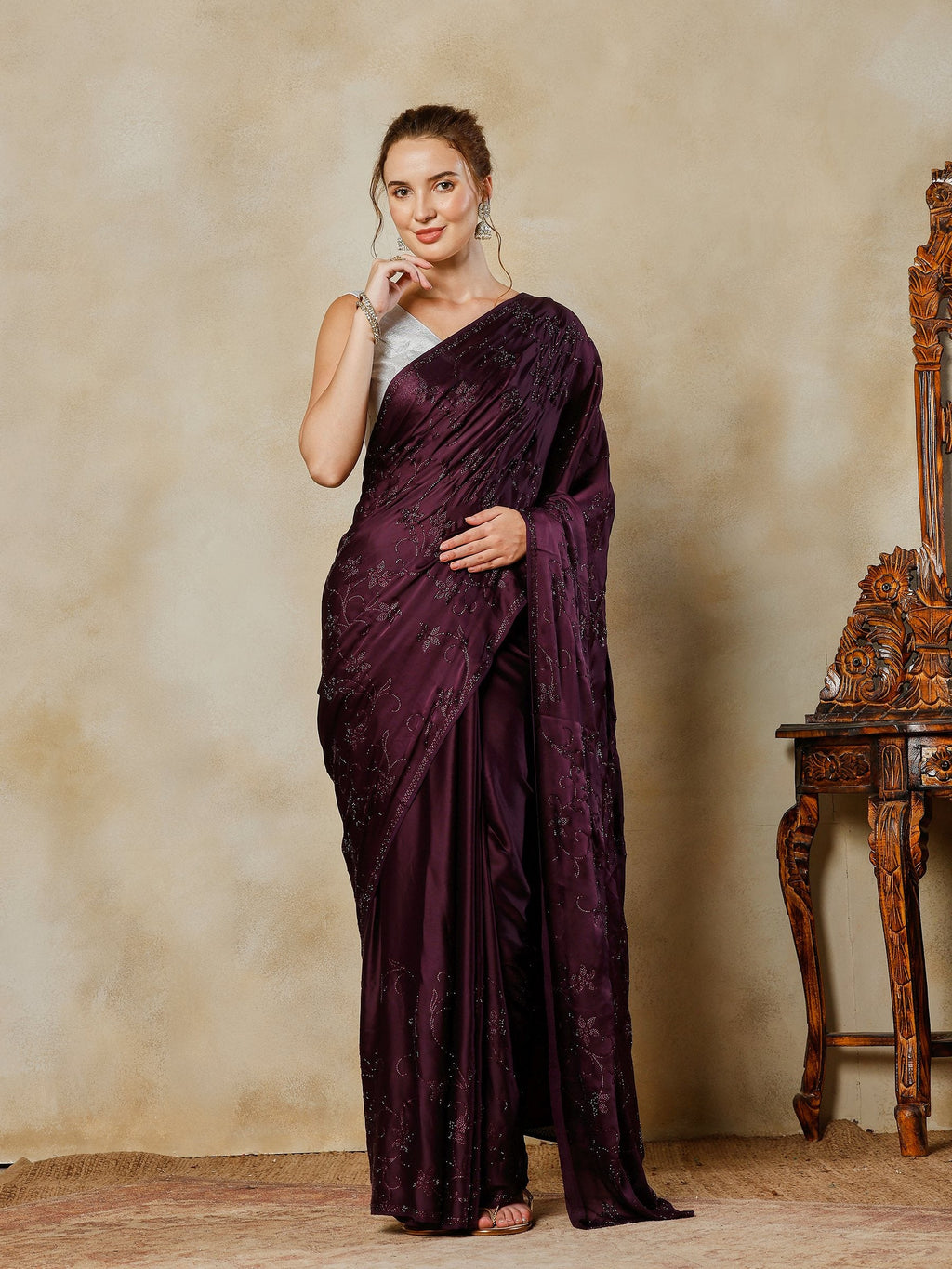 Purple Printed Satin Saree