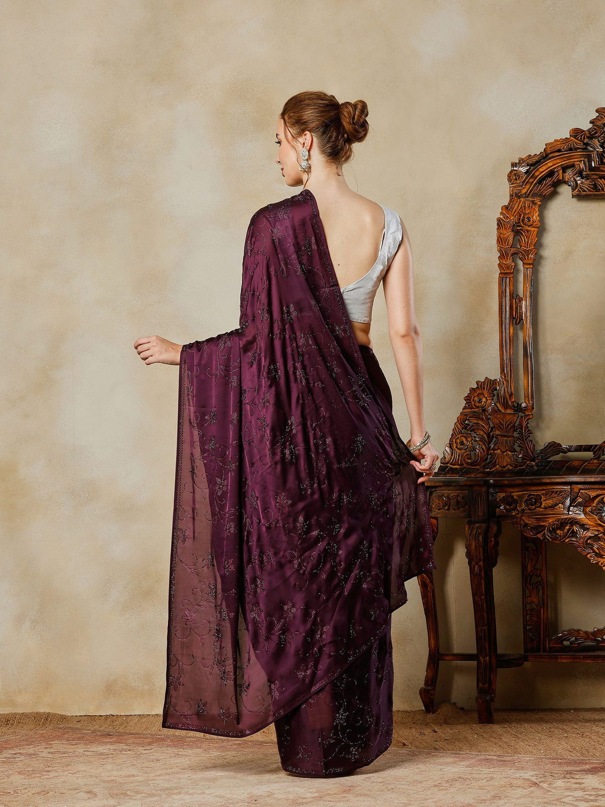 Purple Printed Satin Saree