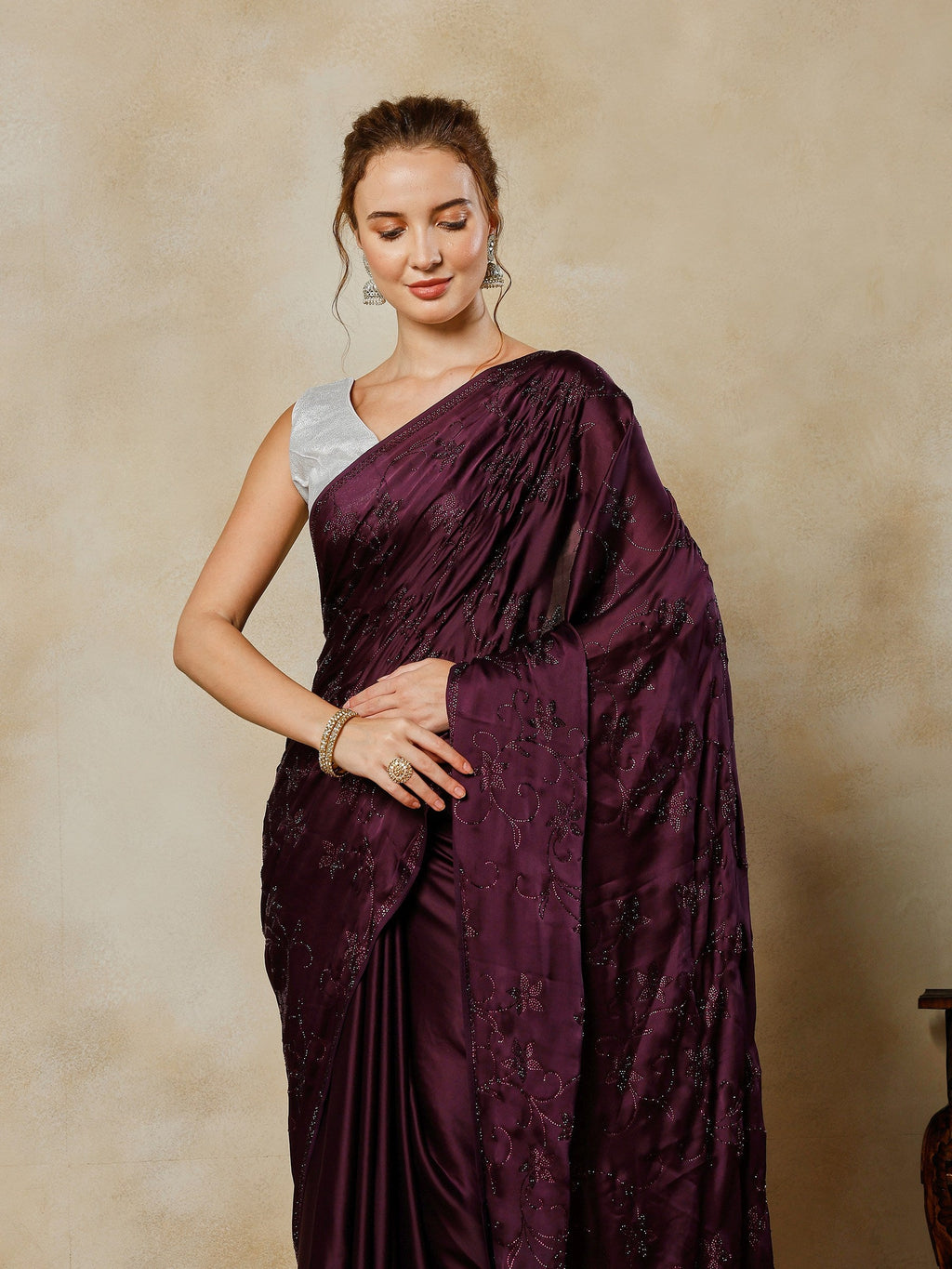 Purple Printed Satin Saree