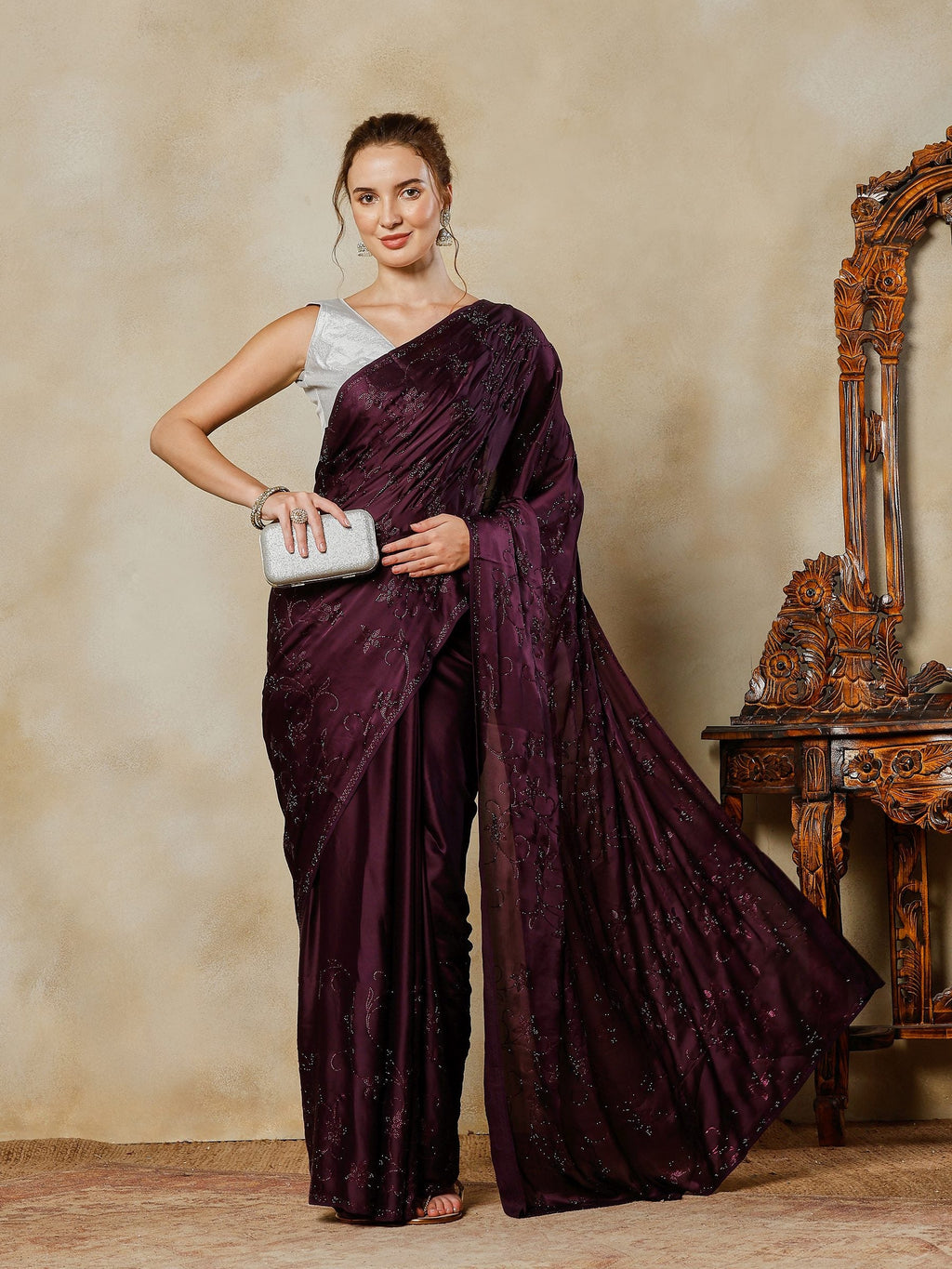 Purple Printed Satin Saree