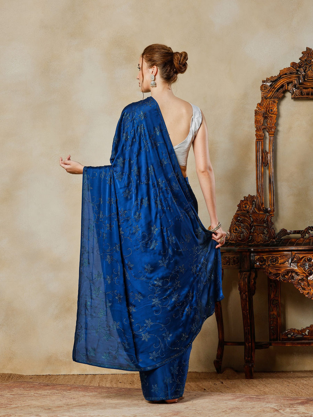 Teal Blue Printed Satin Saree