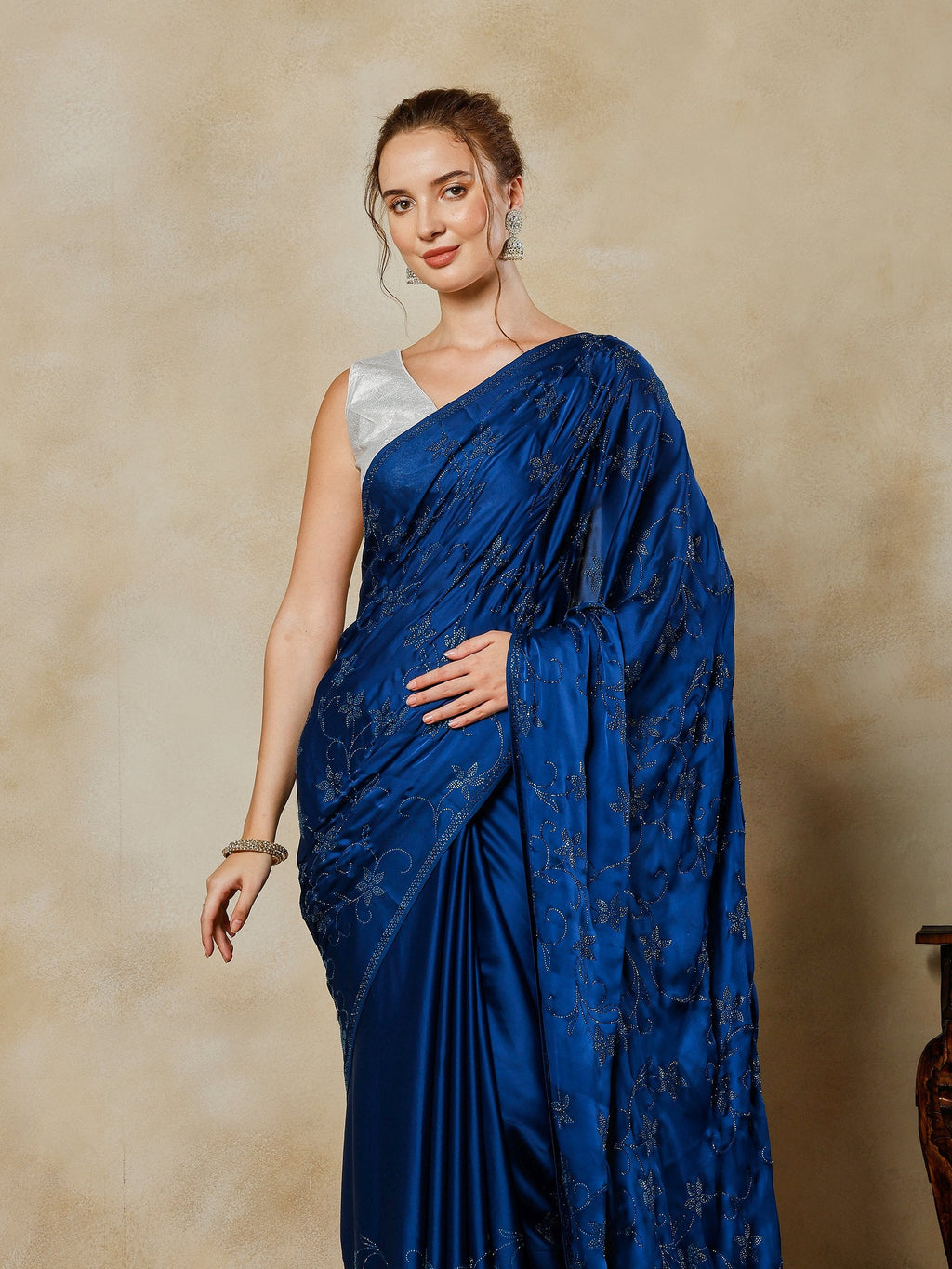 Teal Blue Printed Satin Saree