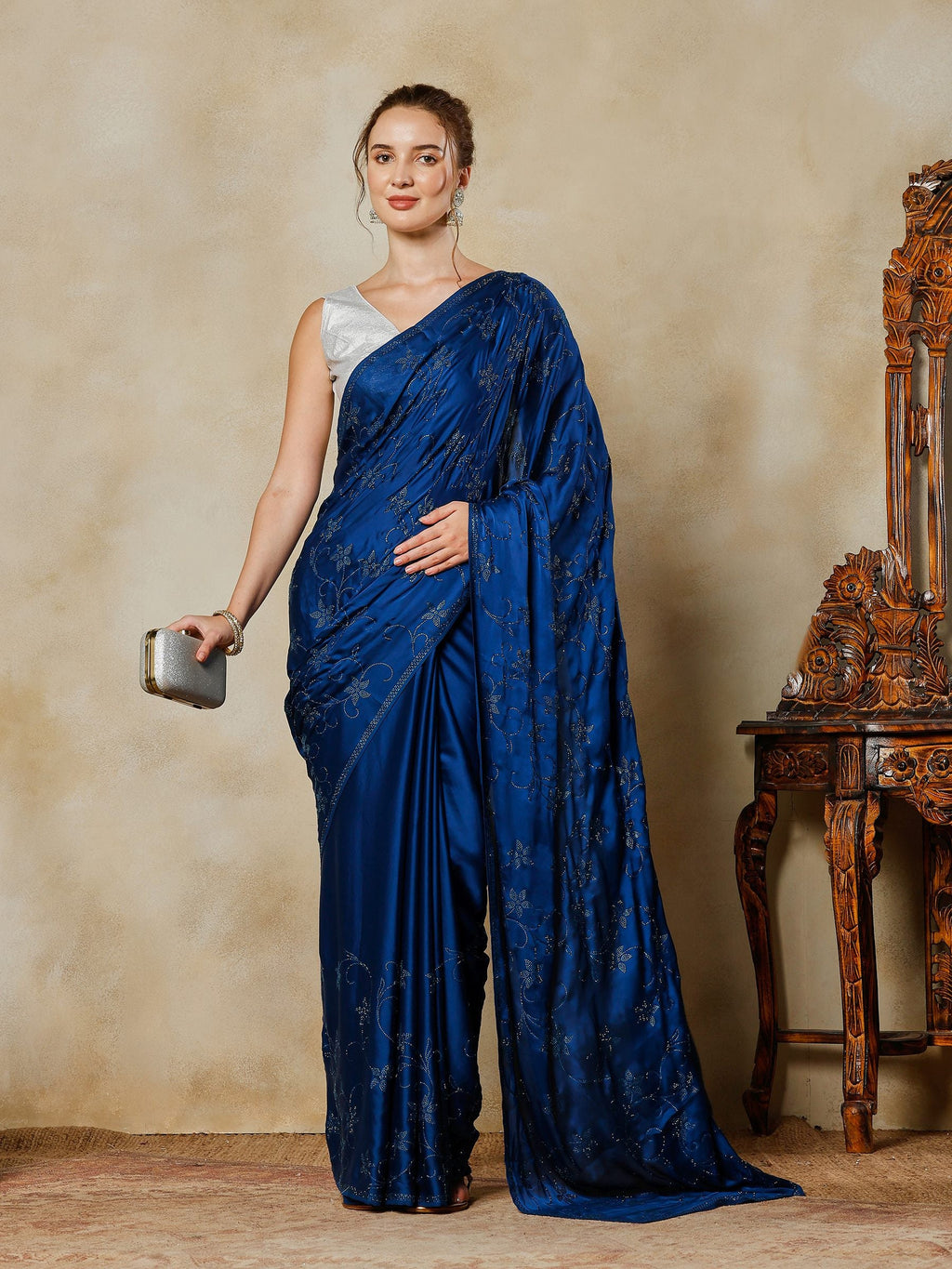 Teal Blue Printed Satin Saree