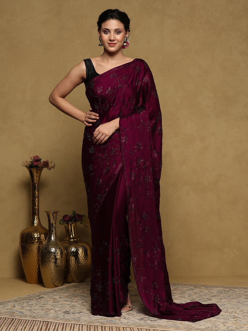 Wine Printed Satin Saree