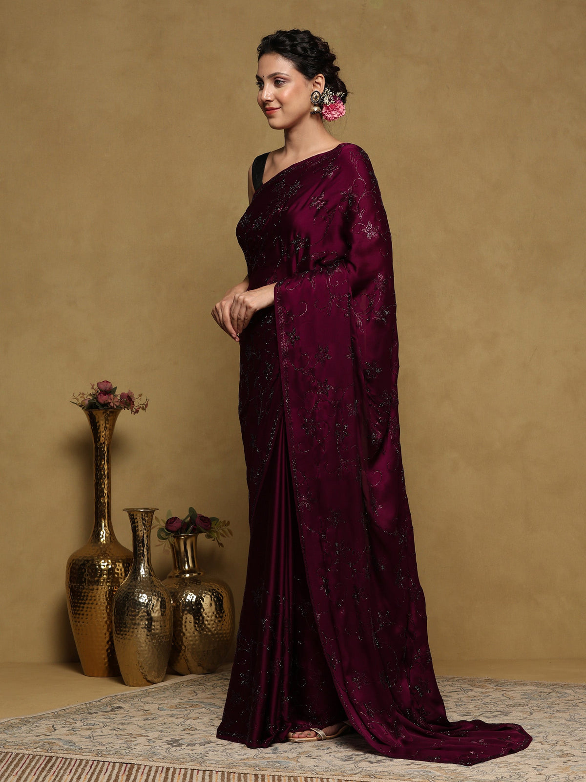 Wine Printed Satin Saree