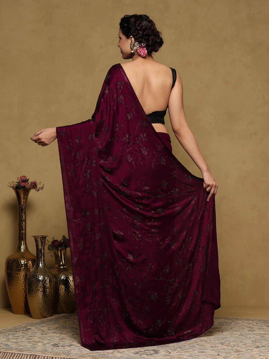 Wine Printed Satin Saree