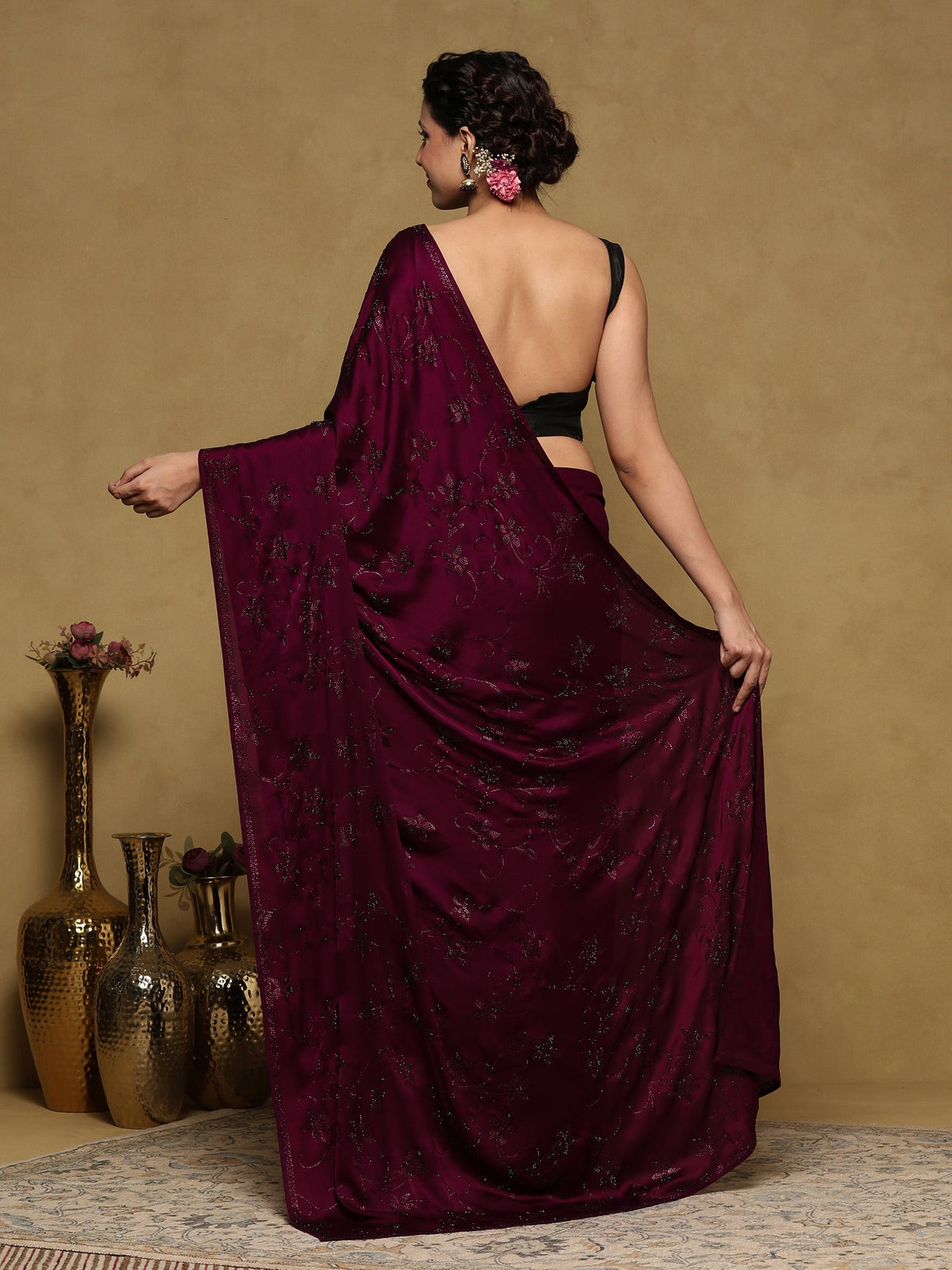 Wine Printed Satin Saree