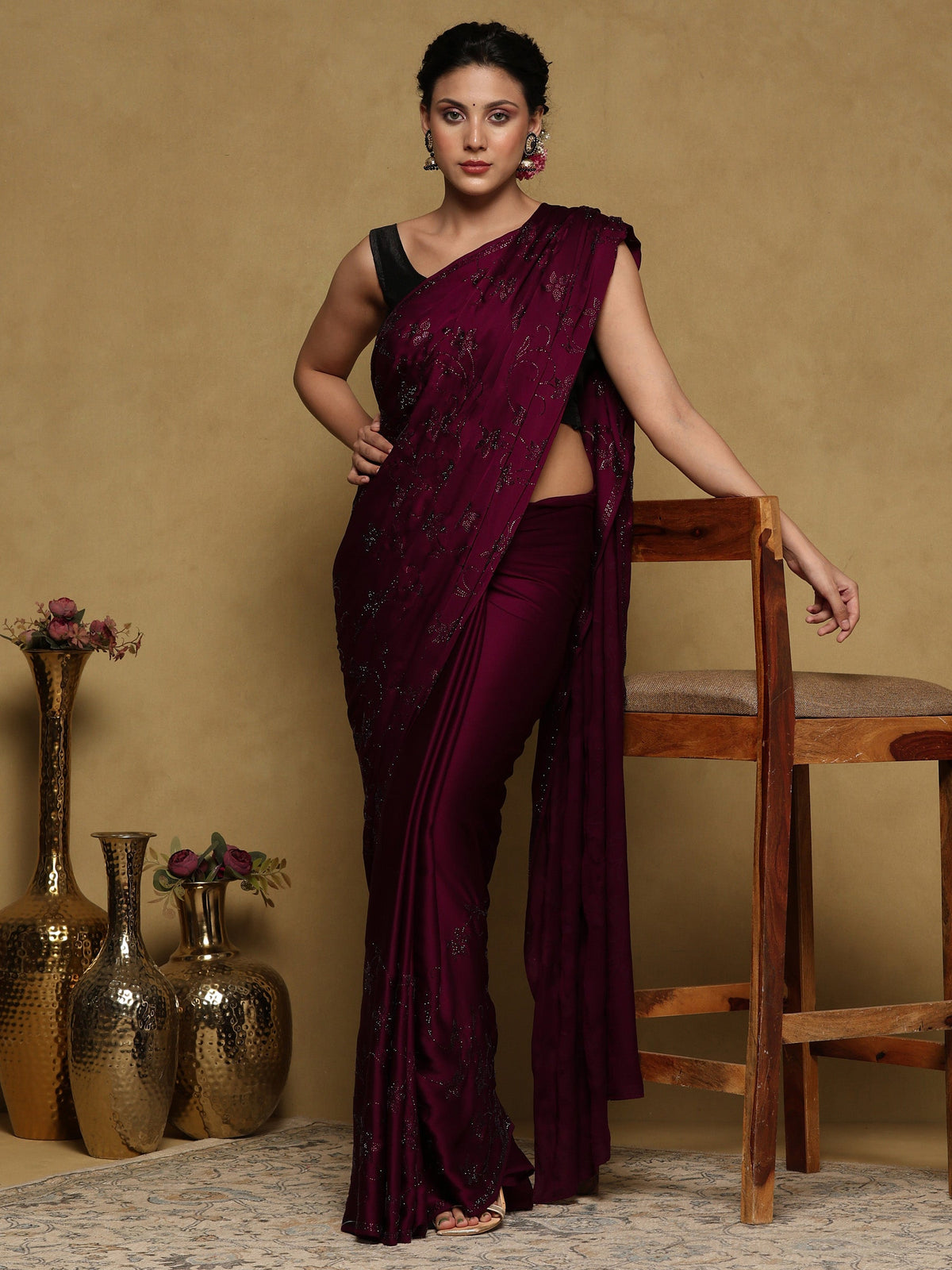 Wine Printed Satin Saree