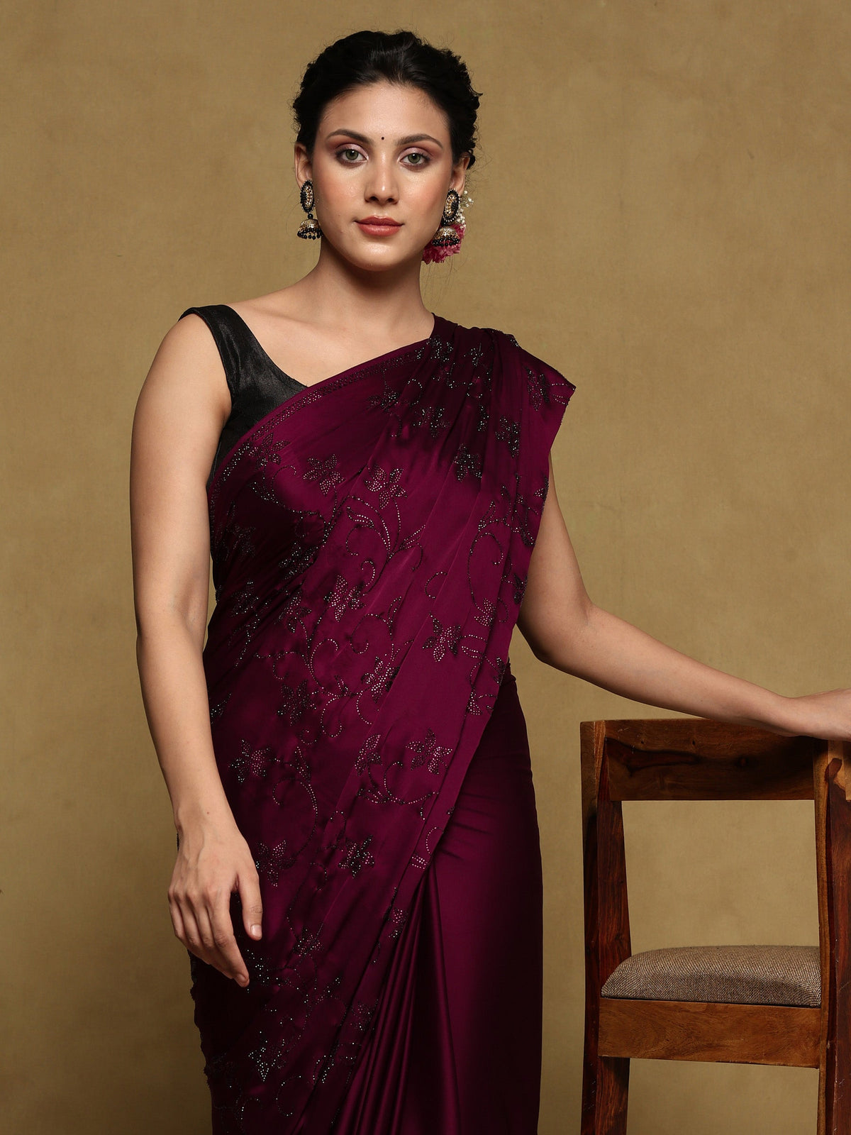 Wine Printed Satin Saree