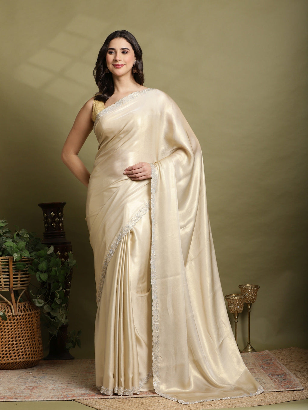 Beige Embroidered Tissue Saree