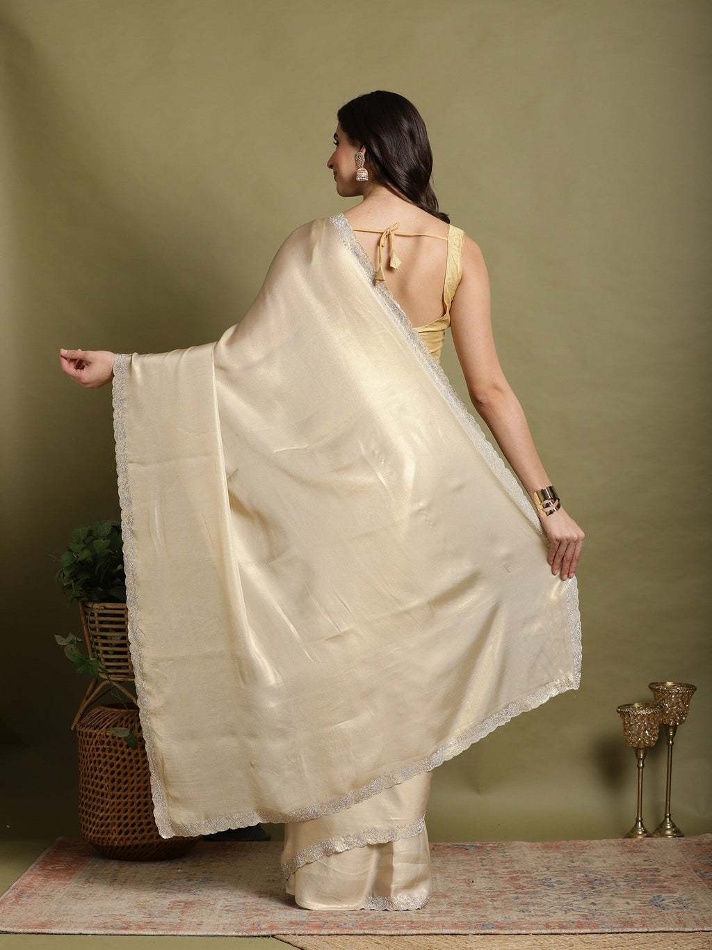 Beige Embroidered Tissue Saree