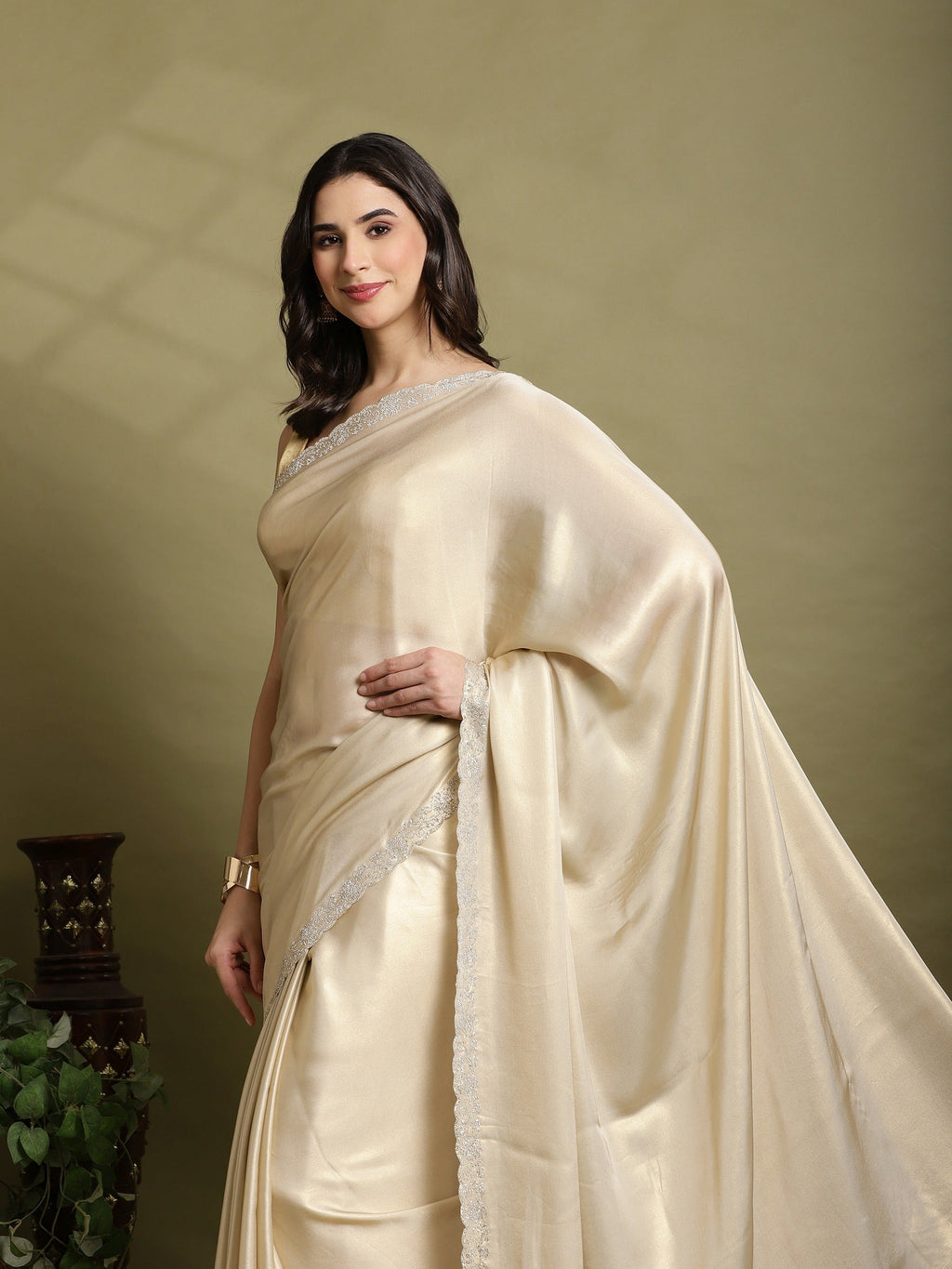 Beige Embroidered Tissue Saree