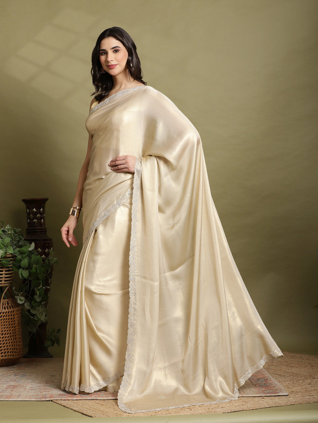 Beige Embroidered Tissue Saree