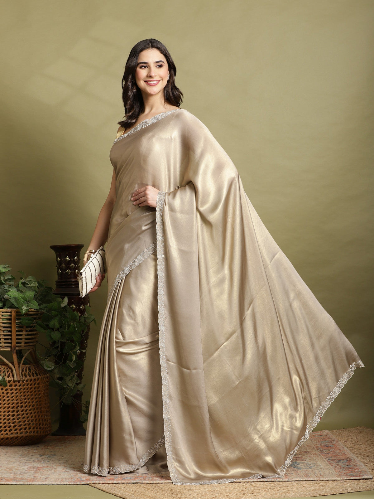 Grey Embroidered Tissue Saree