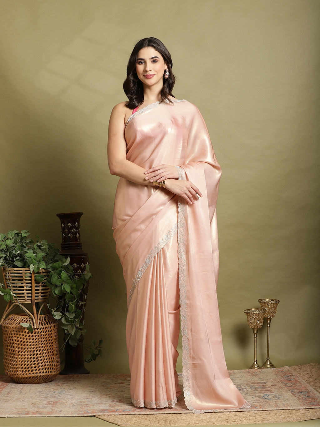 Peach Embroidered Tissue Saree