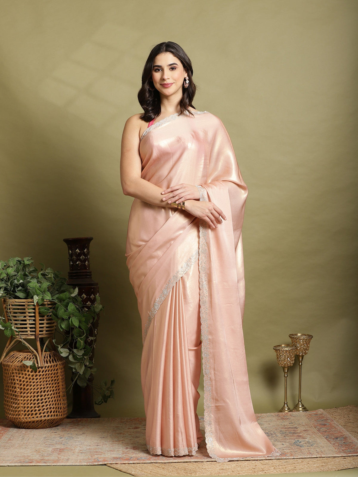 Peach Embroidered Tissue Saree