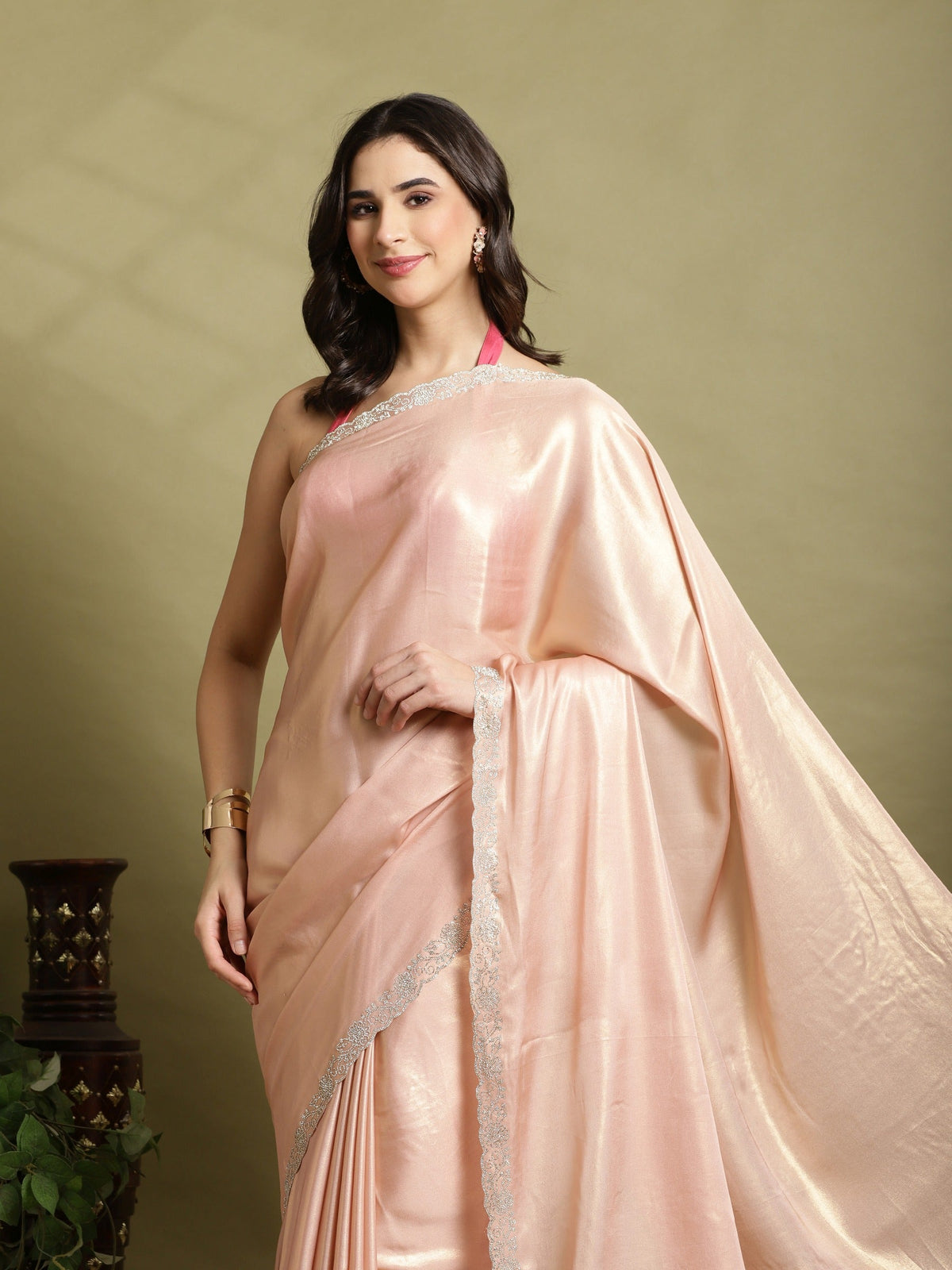 Peach Embroidered Tissue Saree