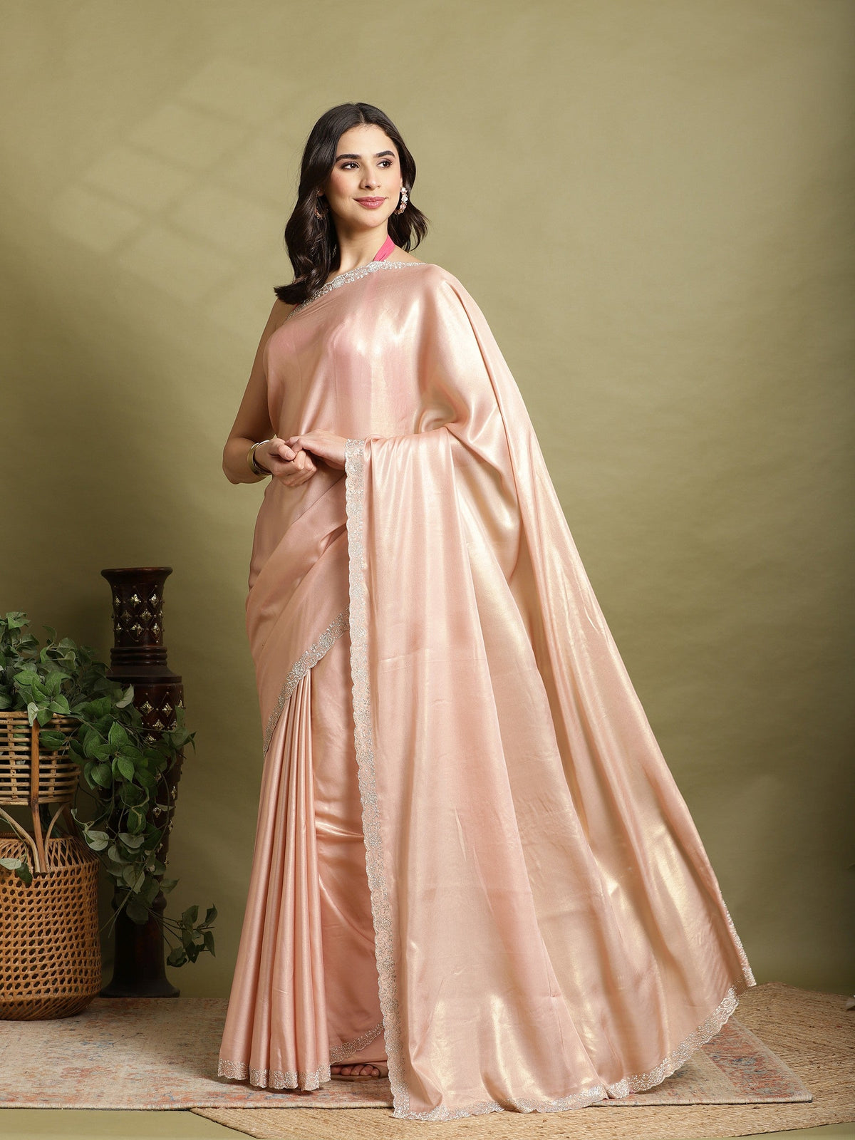 Peach Embroidered Tissue Saree