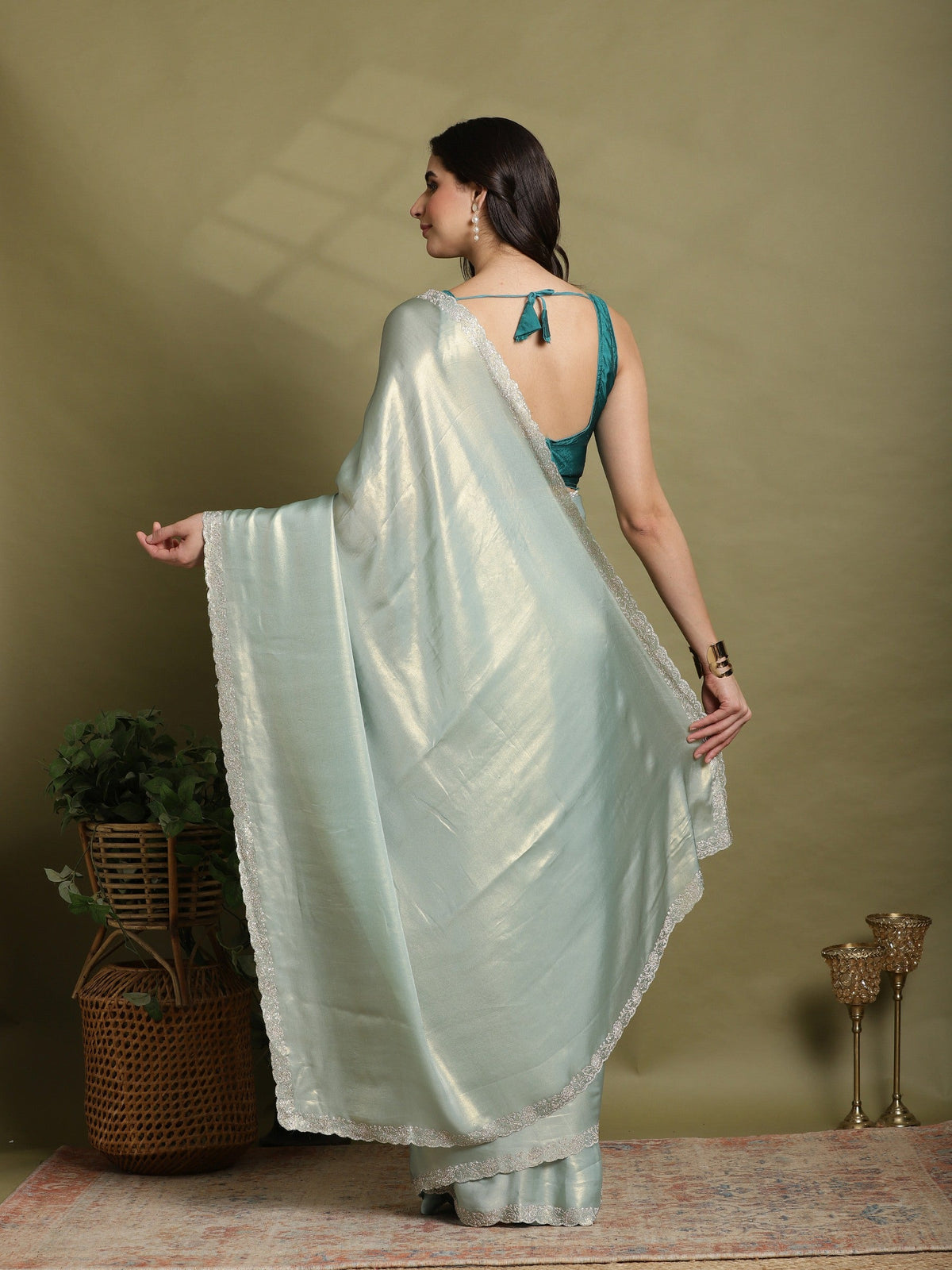 Sea Green Embroidered Tissue Saree