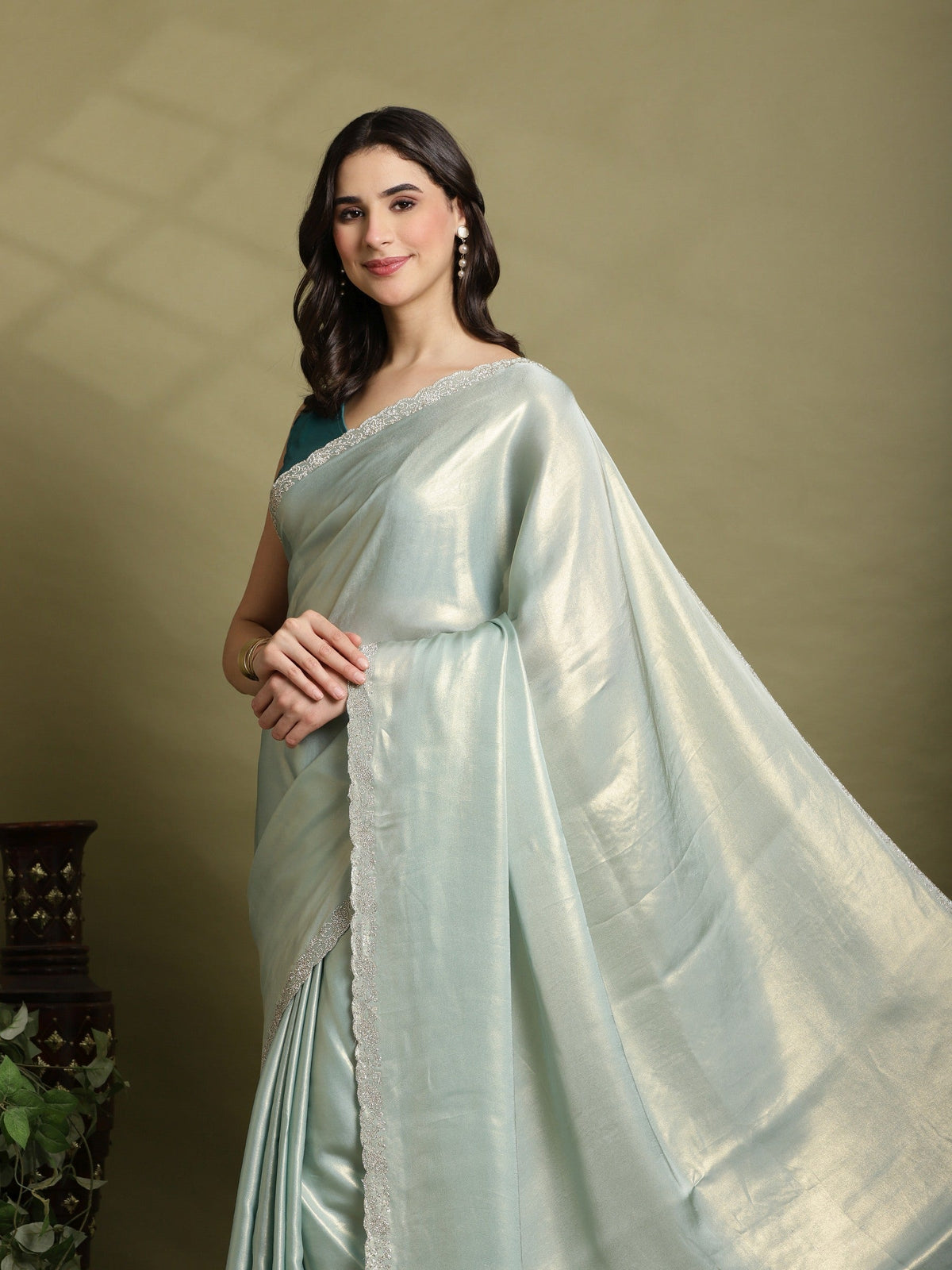 Sea Green Embroidered Tissue Saree