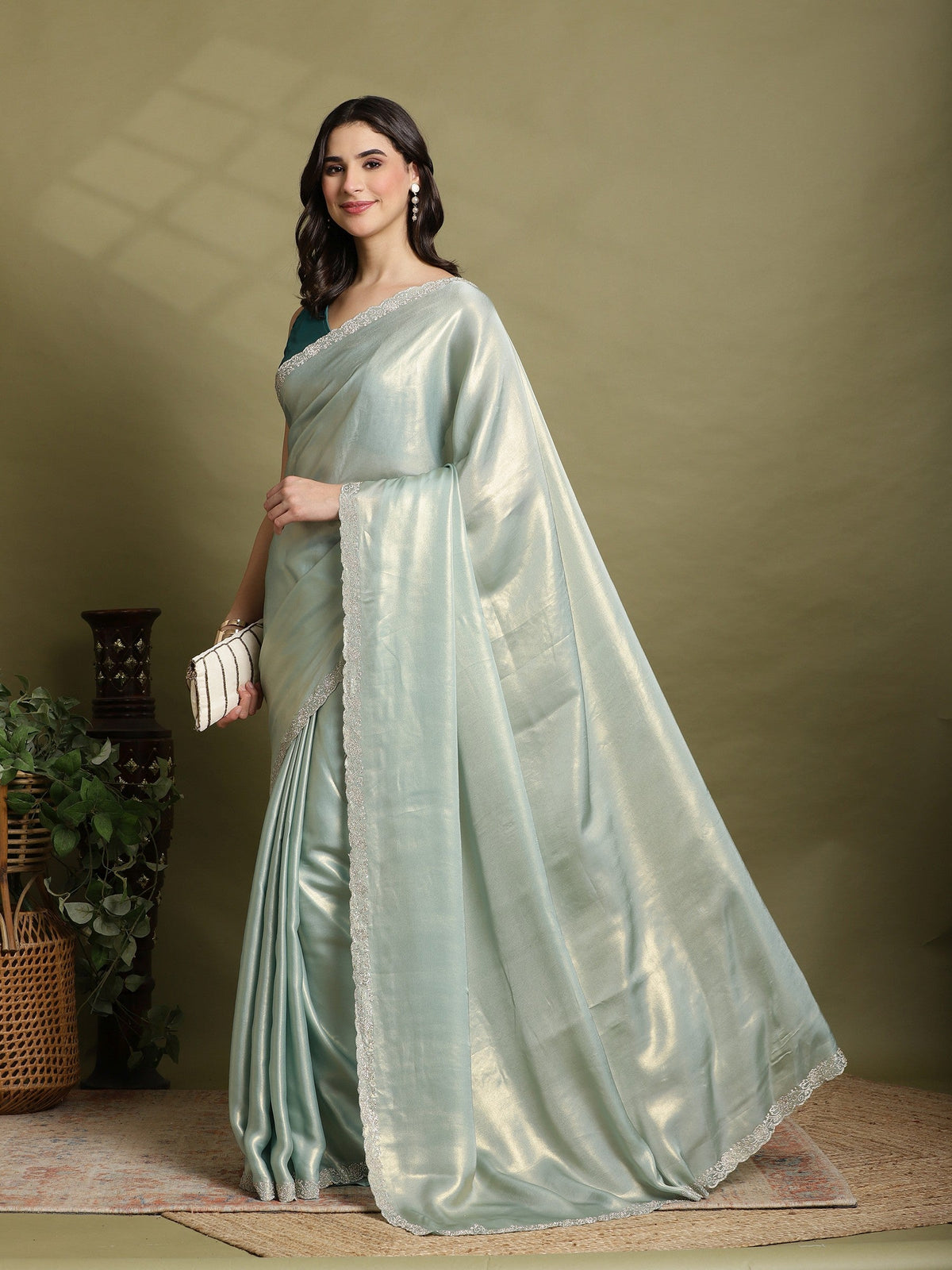 Sea Green Embroidered Tissue Saree