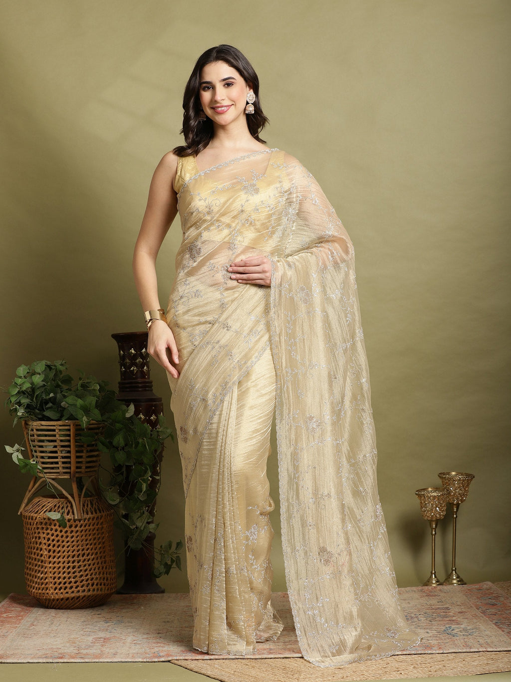 Beige Embroidered Tissue Saree