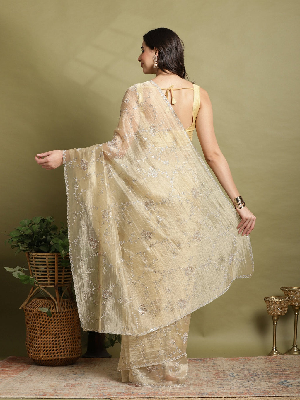 Beige Embroidered Tissue Saree