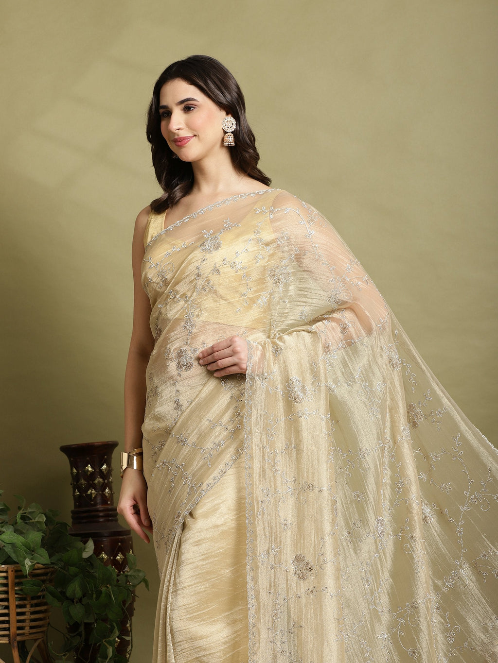 Beige Embroidered Tissue Saree