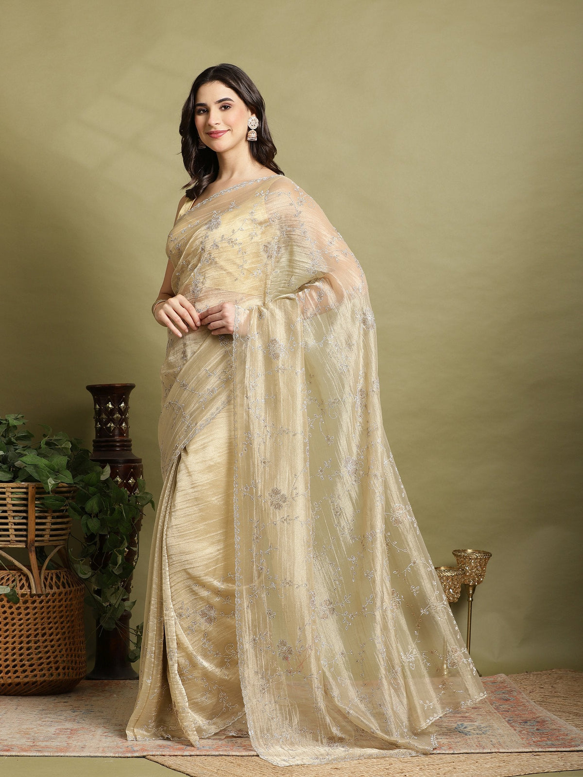 Beige Embroidered Tissue Saree