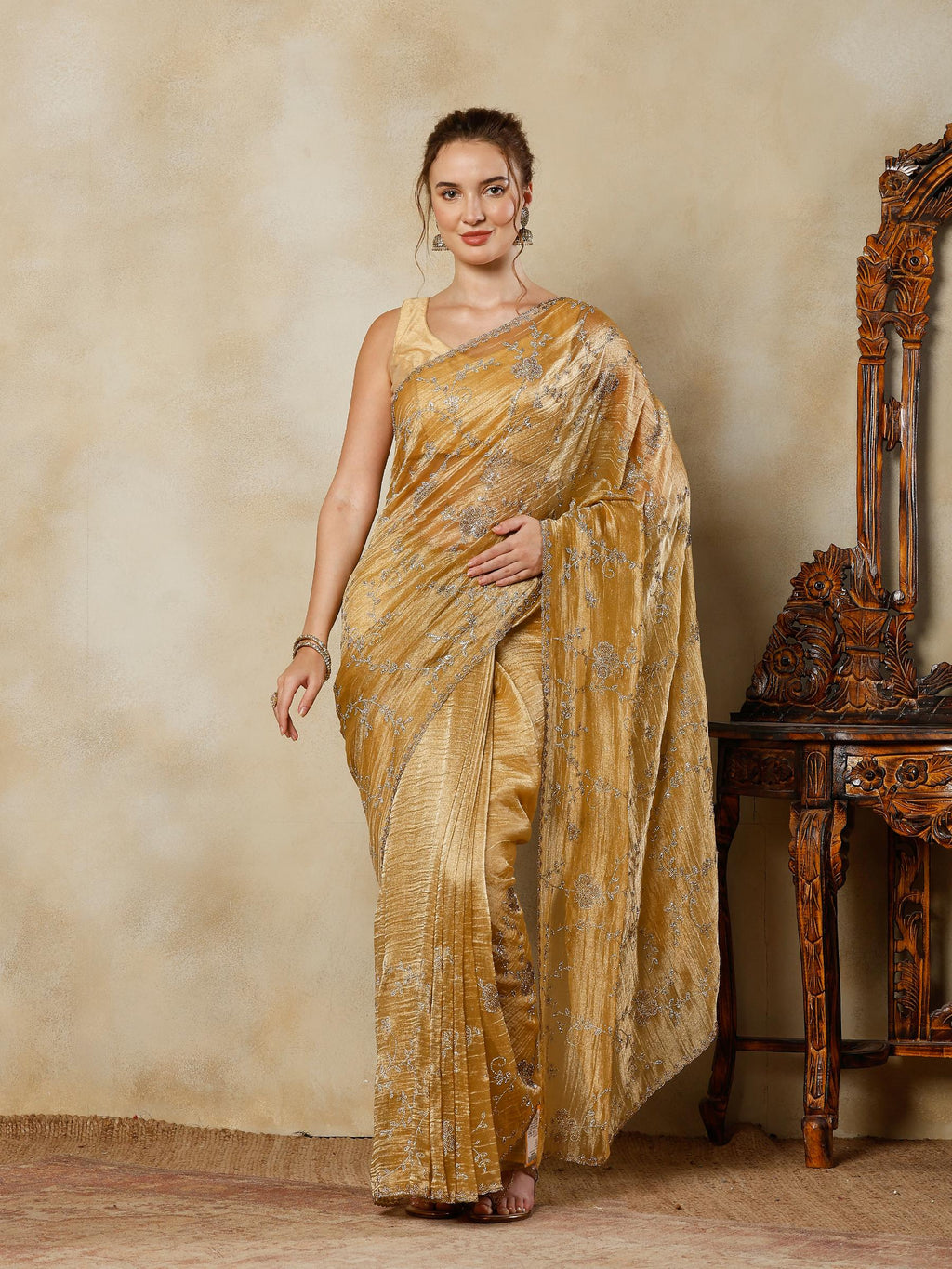 Golden Beige Embroidered Tissue Saree